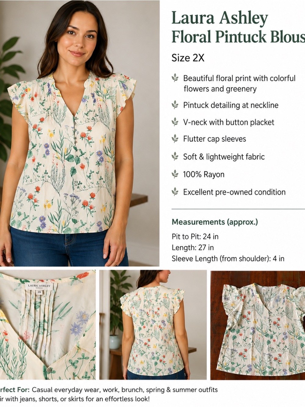 Laura Ashley Cream Floral Pintuck V-Neck Blouse